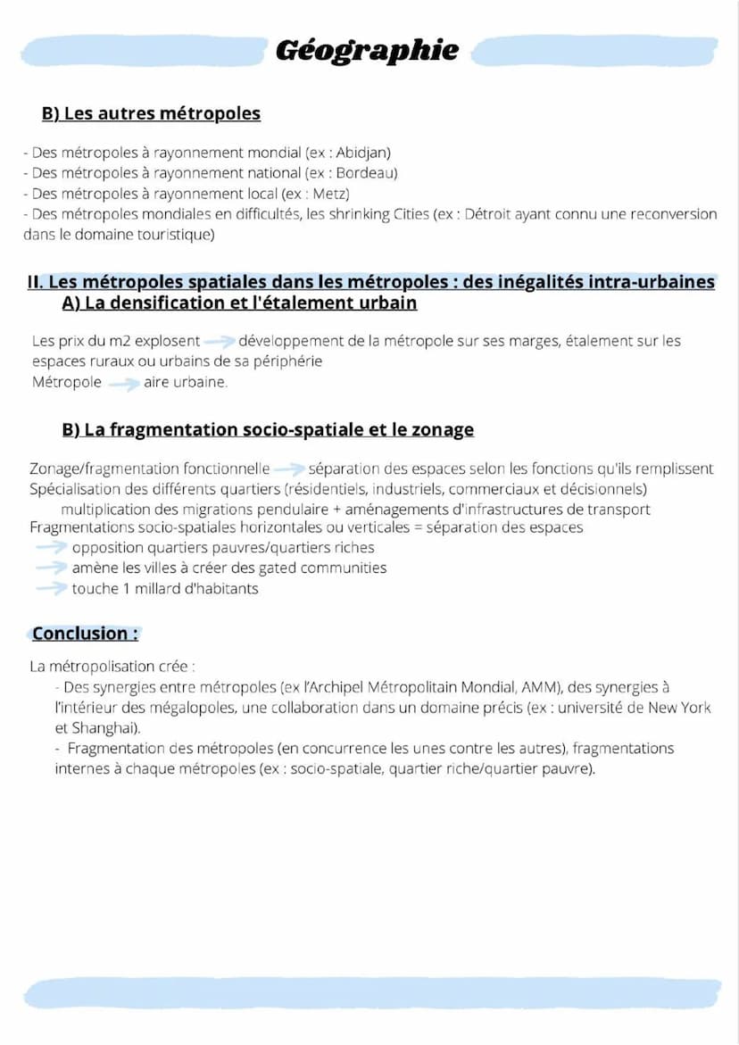 Géographie
CHAPITRE 2 : DES METROPOLES INEGALES ET EN MUTATION
Métropoles
visage actuel de l'urbanisation
Processus d'urbanisation pas unifo