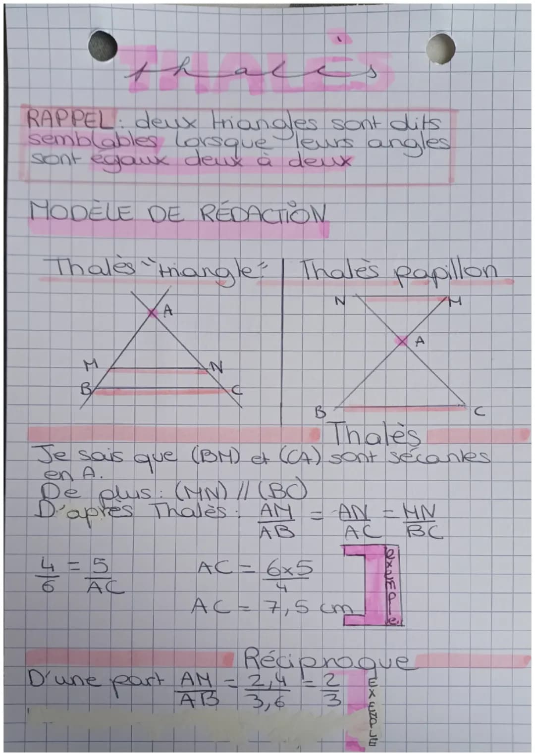 that
RAPPEL: deux triangles sont dits
semblables lorsque leurs angles
sont égaux deux à deux
MODELE DE REDACTION
Thales "triangle" Thales pa