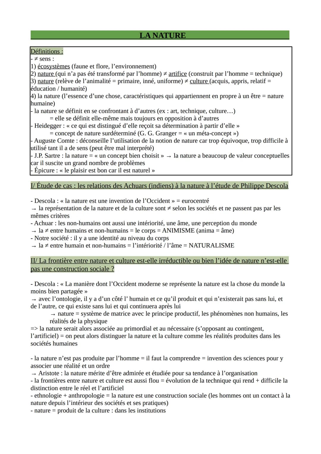 LA NATURE
Définitions :
#sens :
1) écosystèmes (faune et flore, l'environnement)
2) nature (qui n'a pas été transformé par l'homme) ‡ artifi