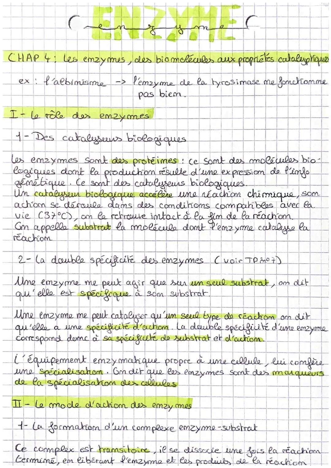 с
11
CHAP 4: Les emzymes, des biomolécules aux propriétés catalyphiques.
ex: l'albinisme l'emzyme de la tyrosimase me fonctiomme
pas bien.
I