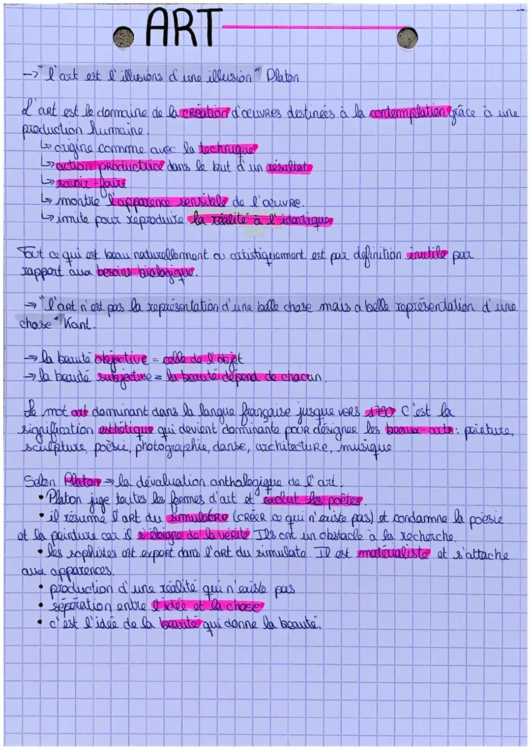 - ART

-> l'art est l'illisions d'une illusion" Platon

l'art est le domaine de la création d'oeuvres destinées à la contemplation grâce à u