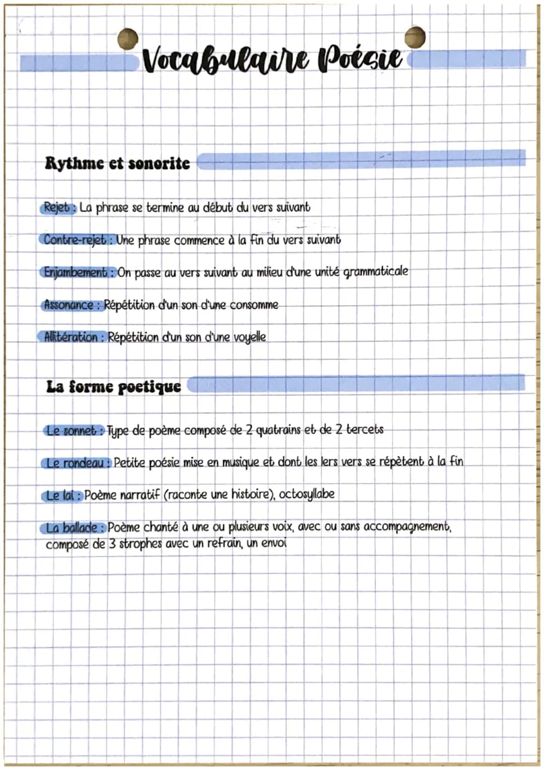 Vocabulaire Poésie
Rythme et sonorite
Rejet La phrase se termine au début du vers suivant
Contre-rejet: Une phrase commence à la fin du vers