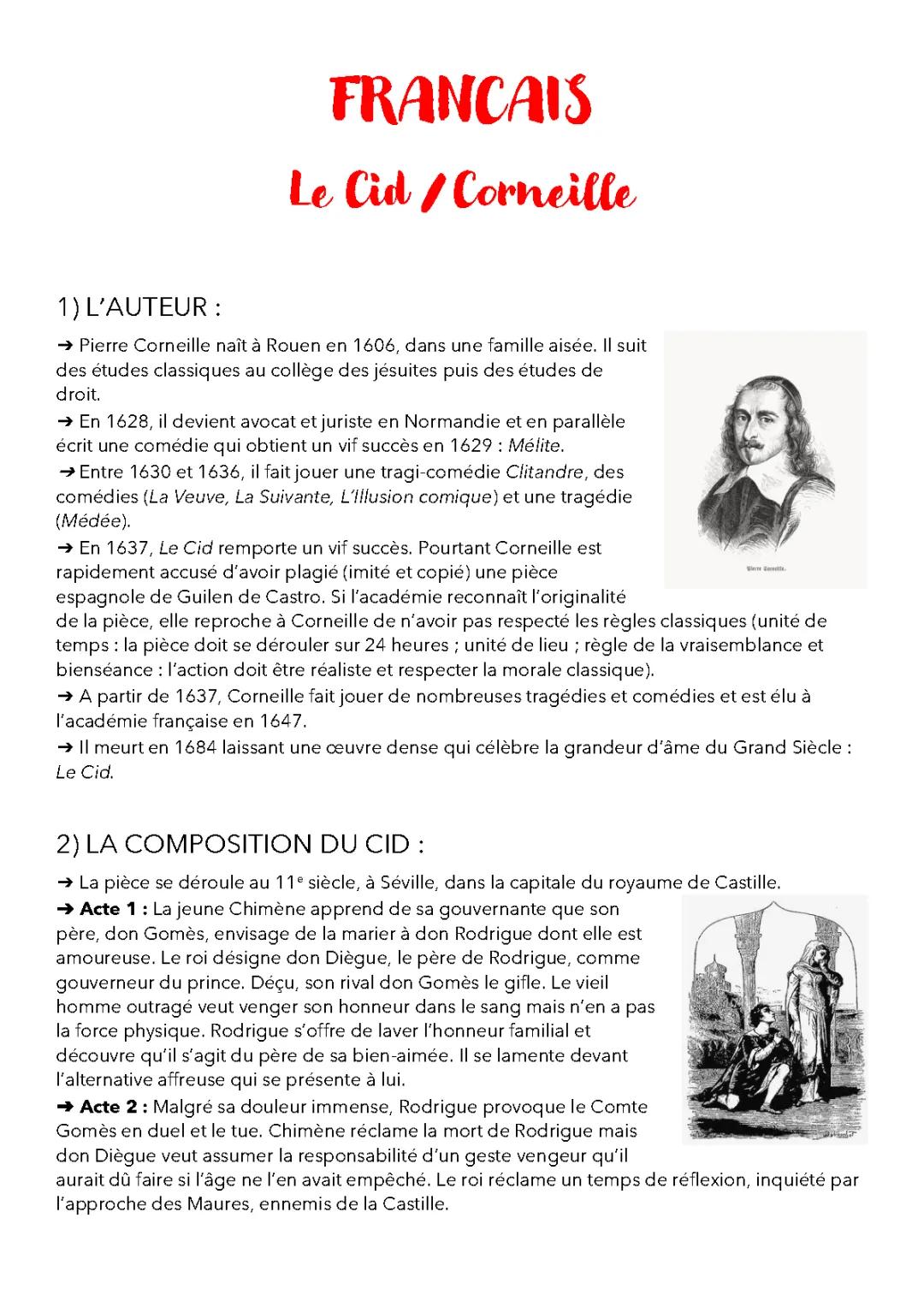 Le Cid de Corneille : Résumé court, Actes et Scènes, Fiche PDF