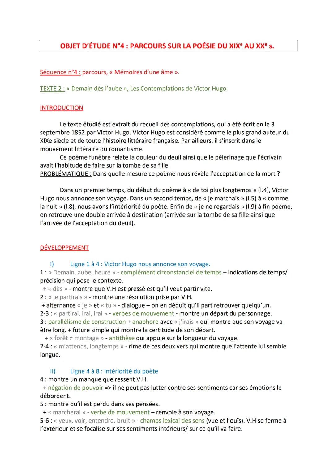 OBJET D'ÉTUDE N°4 : PARCOURS SUR LA POÉSIE DU XIXe AU XXe s.
Séquence n°4 : parcours, « Mémoires d'une âme »>.
TEXTE 2: << Demain dès l'aube