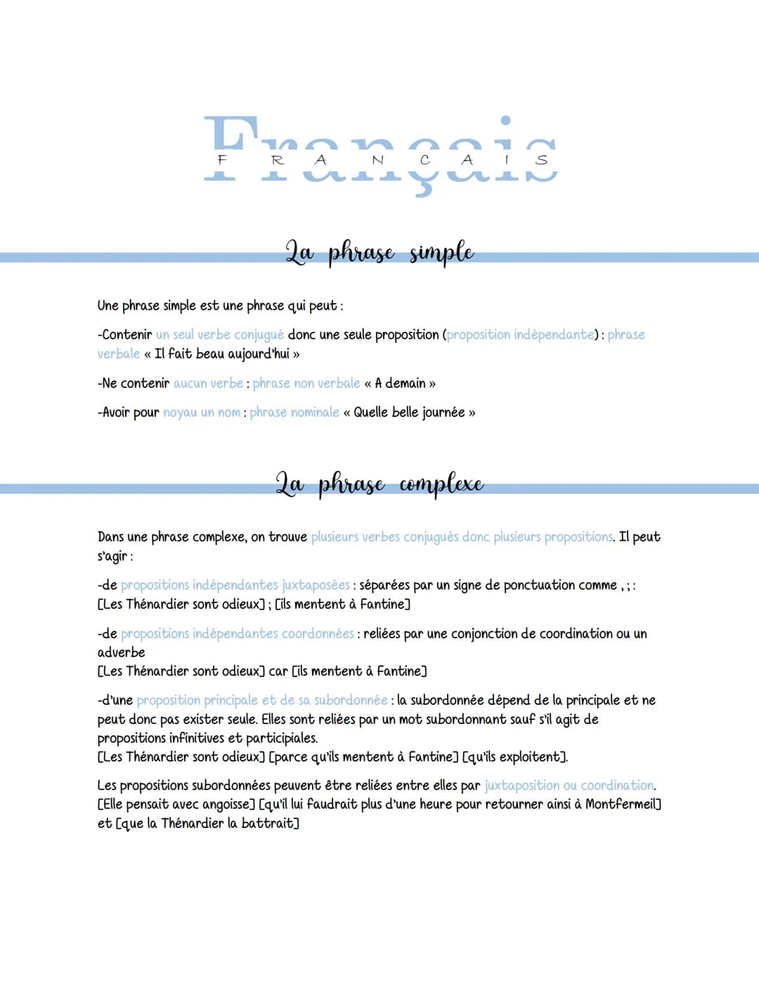 Français
2a phrase simple
Une phrase simple est une phrase qui peut:
-Contenir un seul verbe conjugué donc une seule proposition (propositio