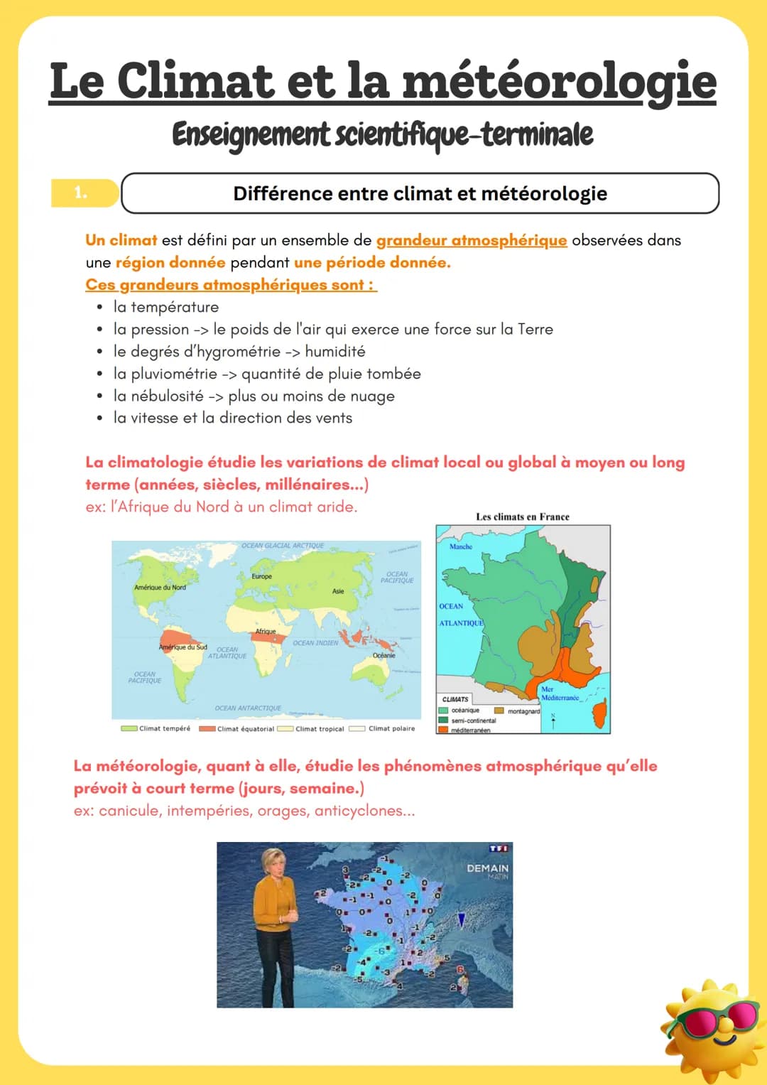Le Climat et la météorologie
1.
Enseignement scientifique-terminale
Différence entre climat et météorologie
Un climat est défini par un ense