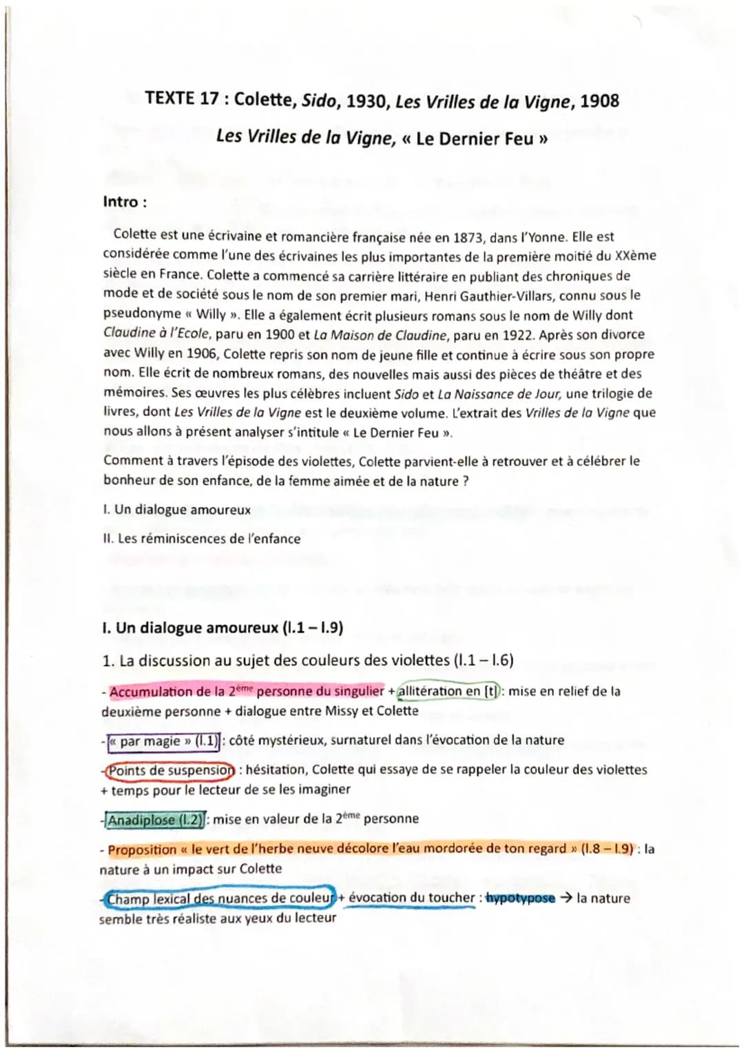 TEXTE 17: Colette, Sido, 1930, Les Vrilles de la Vigne, 1908
Les Vrilles de la Vigne, « Le Dernier Feu >>
Intro :
Colette est une écrivaine 