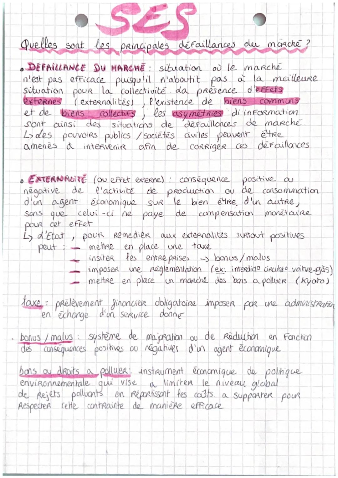 # SES

Quelles sont les principales défaillances deu marché?

- DEFAILLANCE DU MARCHE: situation où le marché
n'est pas efficace puisqulil n
