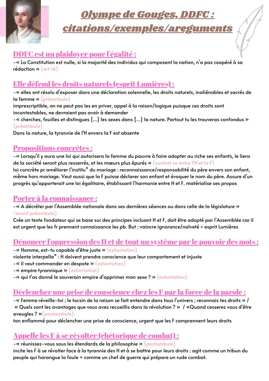 Olympe de Gouges, DDFC :
citations/exemples/areguments
DDFC est un plaidoyer pour l'égalité :
-<< La Constitution est nulle, si la majorité 