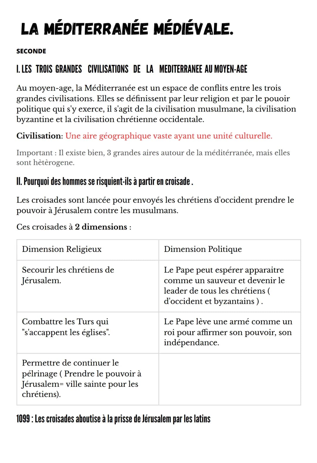 LA MÉDITERRANÉE MÉDIÉVALE.
SECONDE
I. LES TROIS GRANDES CIVILISATIONS DE LA MEDITERRANEE AU MOYEN-AGE
Au moyen-age, la Méditerranée est un e