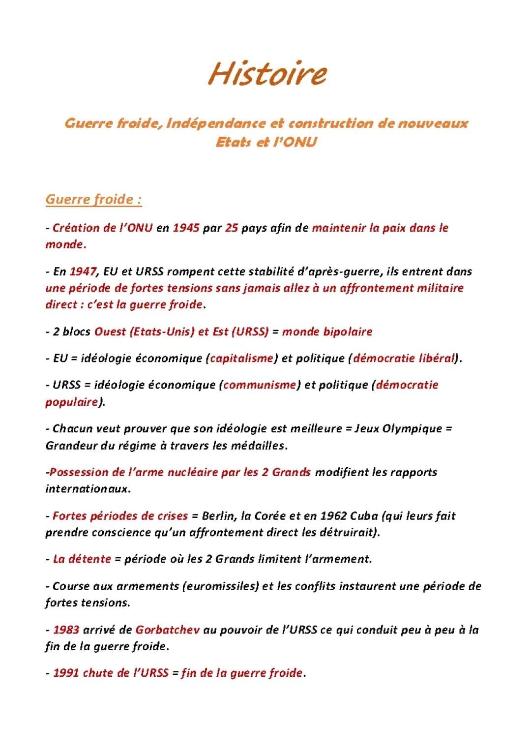 Histoire : guerre froide Indépendance et construction de nouveaux États et l'ONU