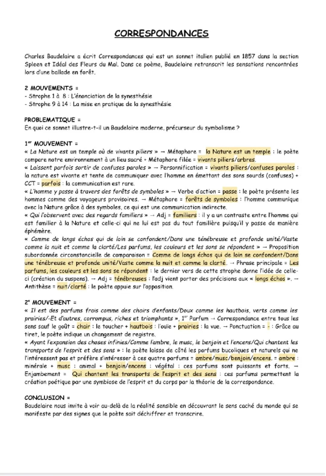 Analyse linéaire de Correspondances de Baudelaire - Texte PDF et Problématique