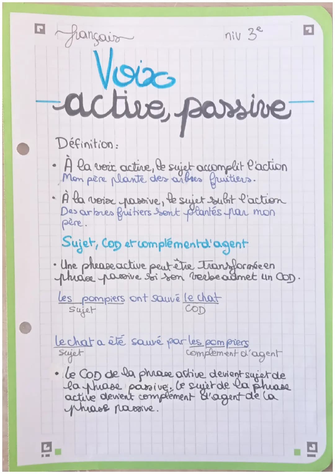 Π
français
niv 3
Voix
-active, passive
•
•
Définition:
À la voric active, le sujet accomplit l'action
Mon père plante des arbres fruitiers.
