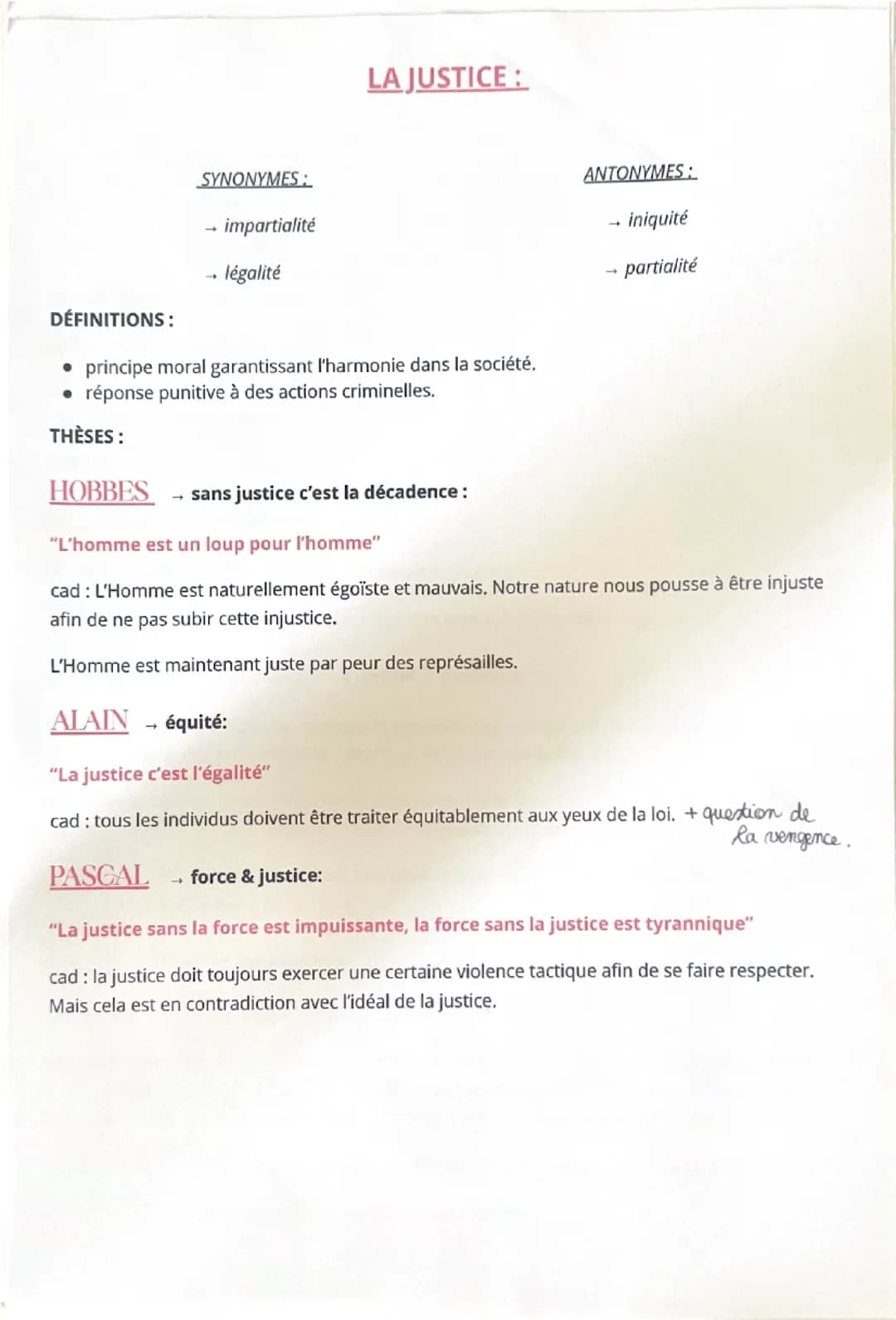 LA JUSTICE:
DÉFINITIONS:
SYNONYMES:
→ impartialité
→ légalité
⚫ principe moral garantissant l'harmonie dans la société.
• réponse punitive à