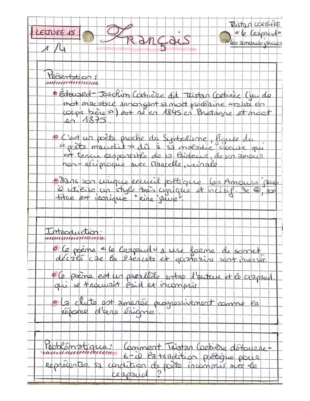 | LECTURE 15
7/4
Présentation :
rinun
Français
amer
• Edouard-Joachim Corbière dit Tristan Corbiere (jeu de
mot macabre annonçant sa moet pr