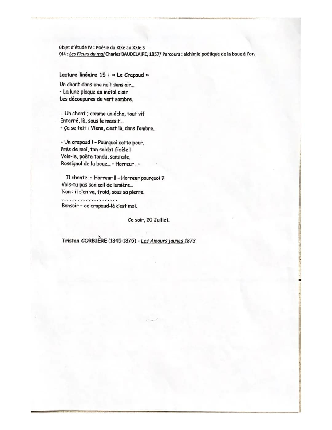 | LECTURE 15
7/4
Présentation :
rinun
Français
amer
• Edouard-Joachim Corbière dit Tristan Corbiere (jeu de
mot macabre annonçant sa moet pr