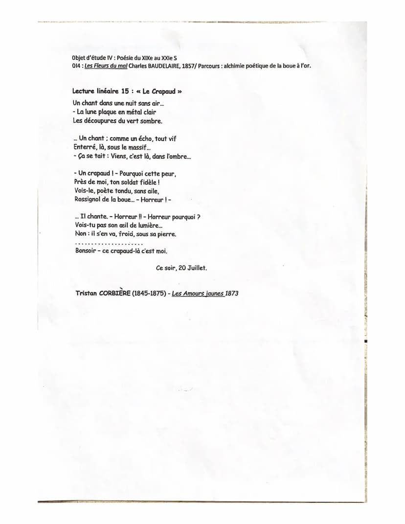 | LECTURE 15
7/4
Présentation :
rinun
Français
amer
• Edouard-Joachim Corbière dit Tristan Corbiere (jeu de
mot macabre annonçant sa moet pr