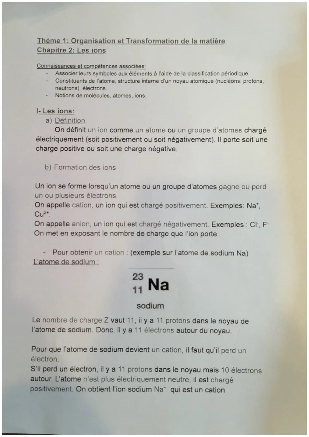 Thème 1: Organisation et Transformation de la matière
Chapitre 2: Les ions
Connaissances et compétences associées:
Associer leurs symboles a
