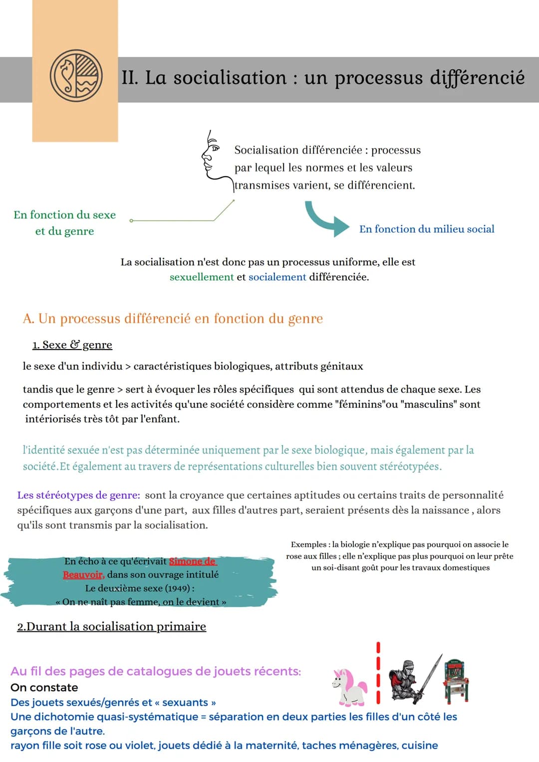 Ⓡ II. La socialisation : un processus différencié
Socialisation différenciée : processus
par lequel les normes et les valeurs
transmises var