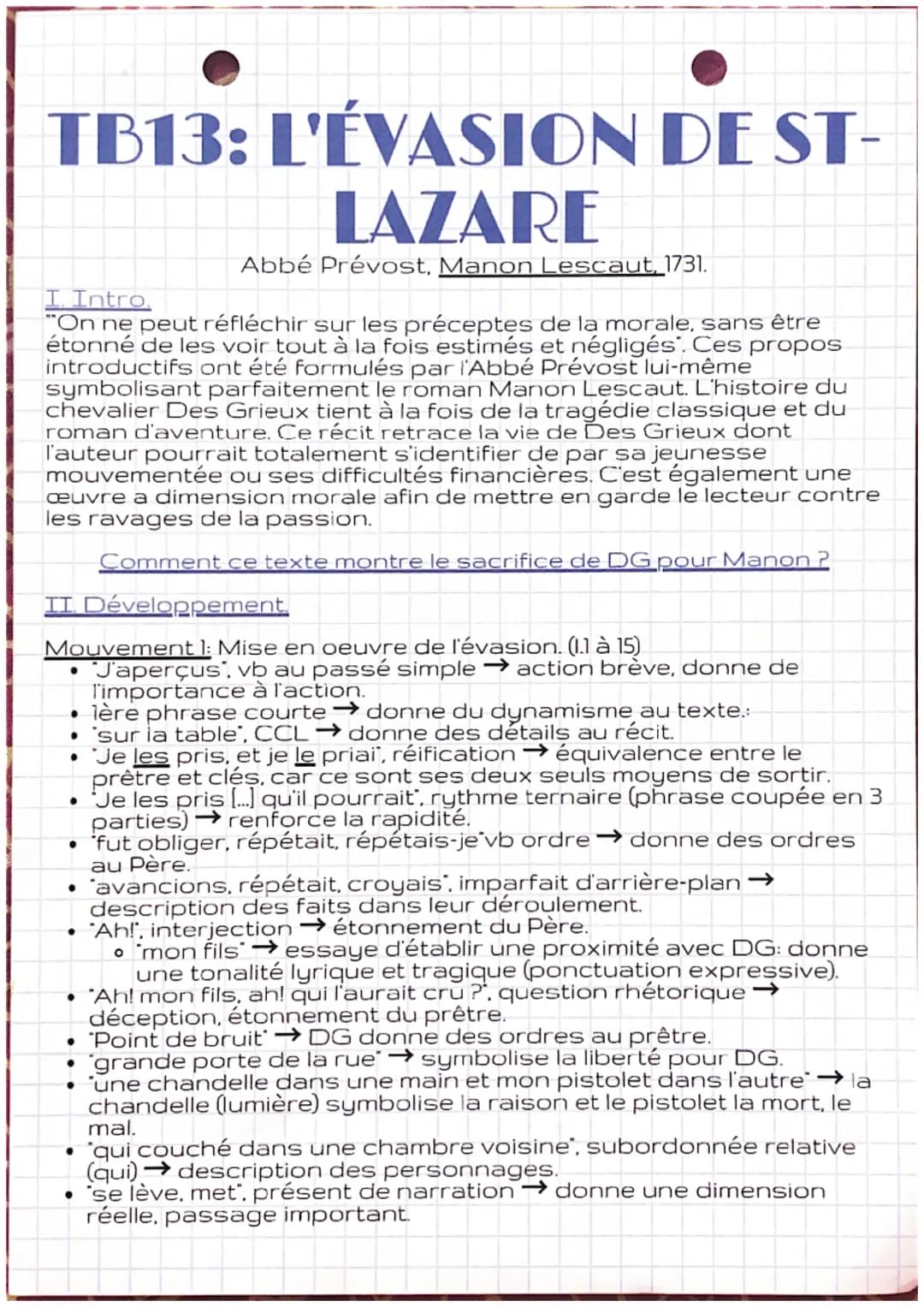 TB13: L'ÉVASION DE ST-
LAZARE
Abbé Prévost, Manon Lescaut, 1731.
I. Intro.
"On ne peut réfléchir sur les préceptes de la morale, sans être
é