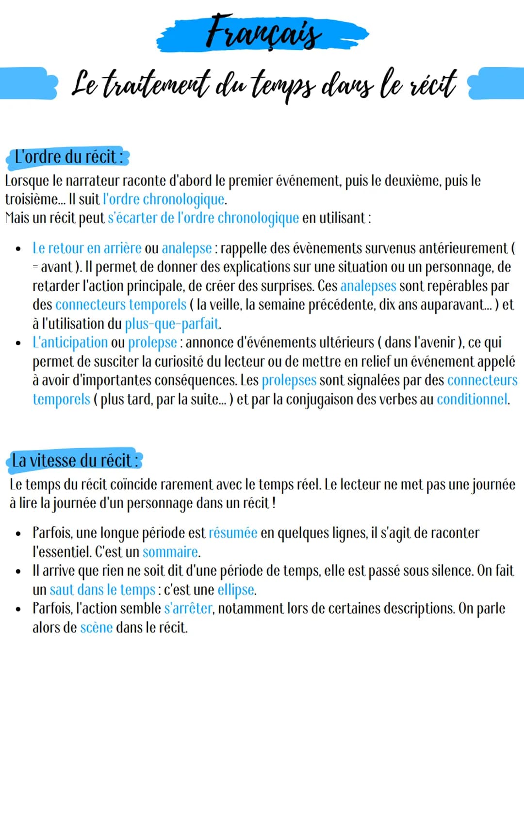 Français
Le traitement du temps dans le récit
L'ordre du récit :
Lorsque le narrateur raconte d'abord le premier événement, puis le deuxième