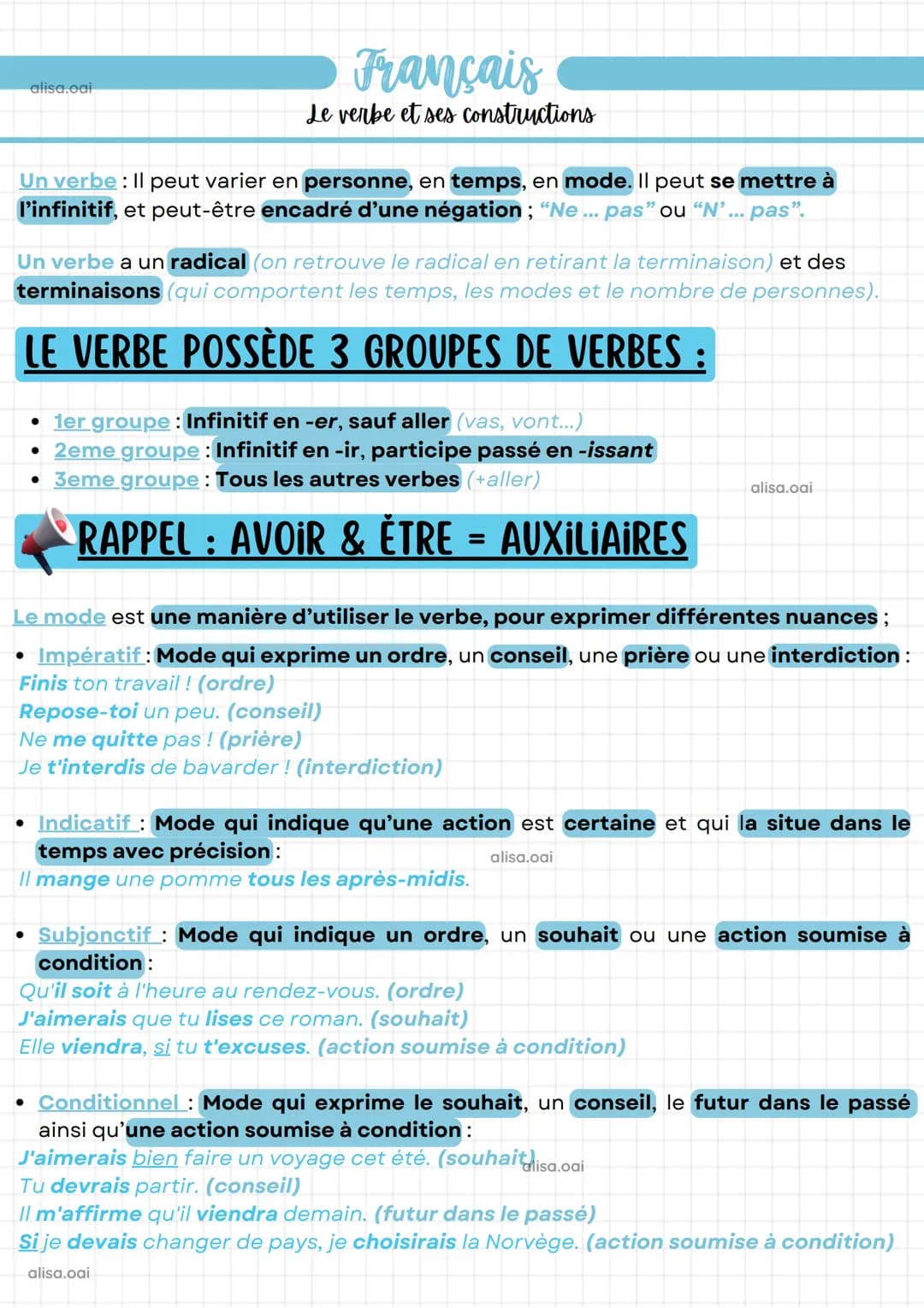 alisa.oai
Français
Le verbe et ses constructions
Un verbe: Il peut varier en personne, en temps, en mode. Il peut se mettre à
l'infinitif, e