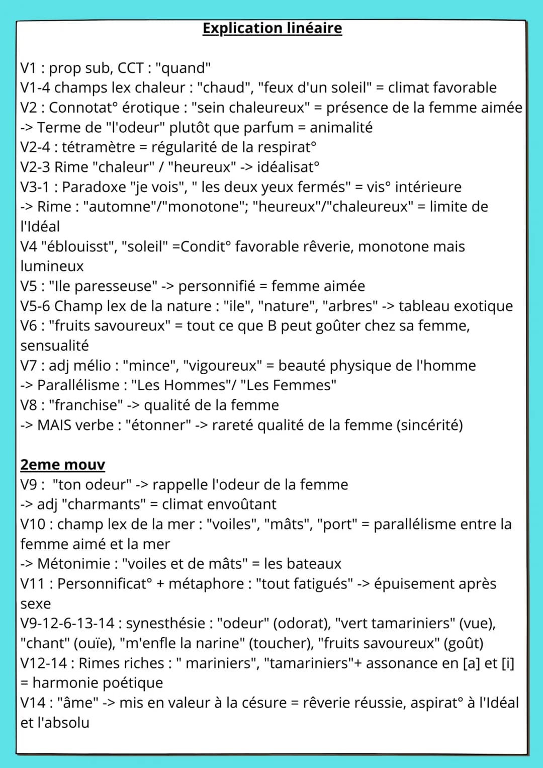 Explication linéaire
V1: prop sub, CCT: "quand"
V1-4 champs lex chaleur: "chaud", "feux d'un soleil" = climat favorable
V2: Connotatᵒ érotiq