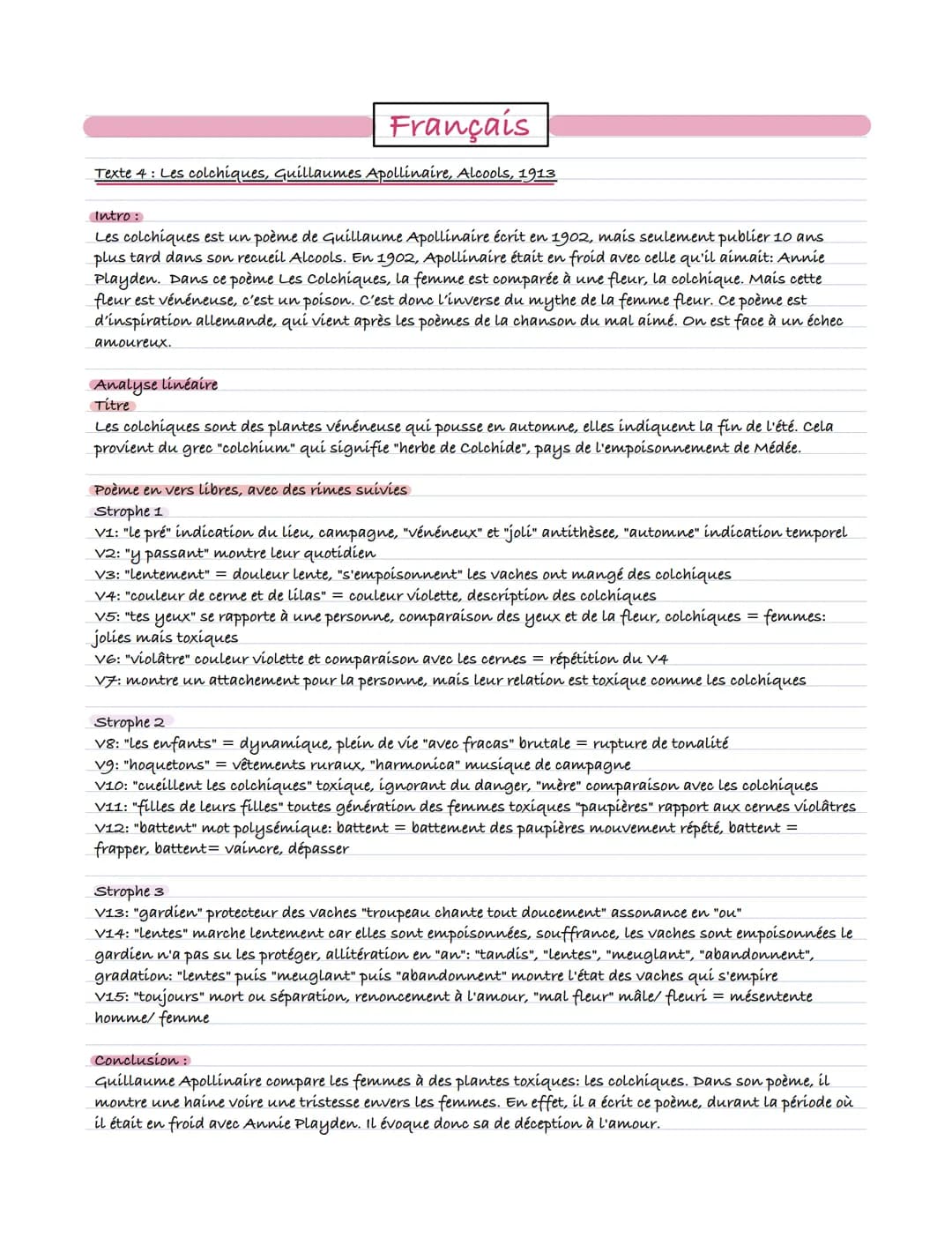 Français
Texte 4: Les colchiques, Guillaumes Apollinaire, Alcools, 1913
Intro:
Les colchiques est un poème de Guillaume Apollinaire écrit en