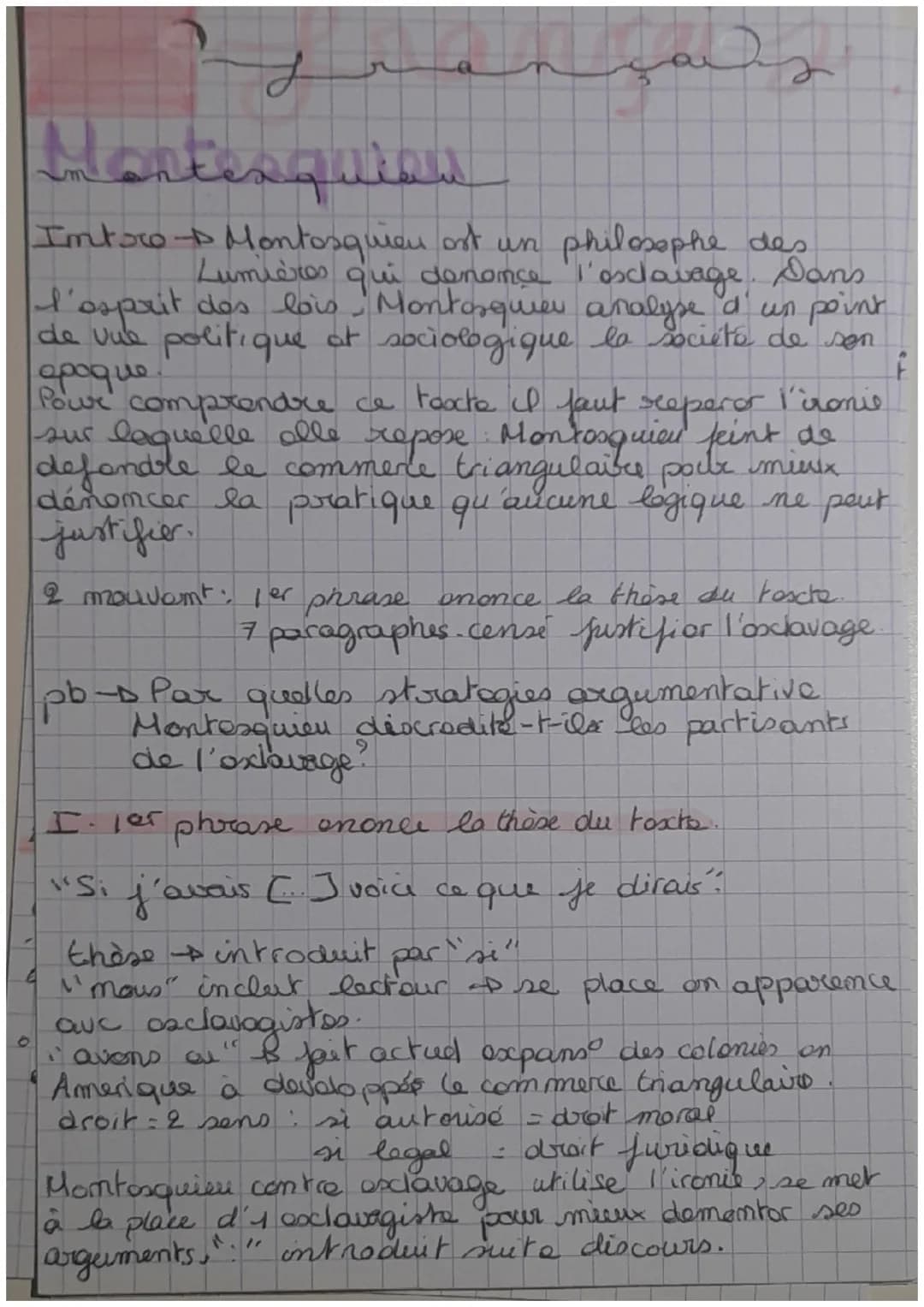 j
Montesquieu
Intro + Montosquieu est un philosophe des
Lumières qui dononce l'esclavage. Dans
l'esprit des lois Montosques analyse d'un poi