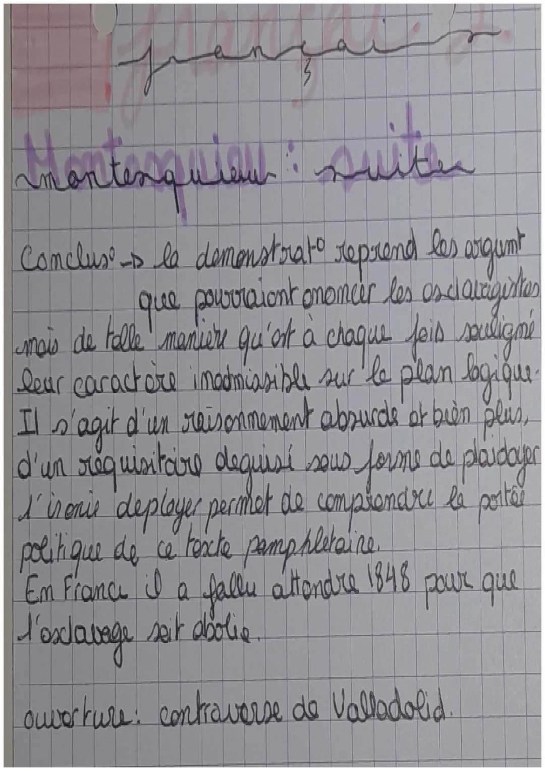 j
Montesquieu
Intro + Montosquieu est un philosophe des
Lumières qui dononce l'esclavage. Dans
l'esprit des lois Montosques analyse d'un poi