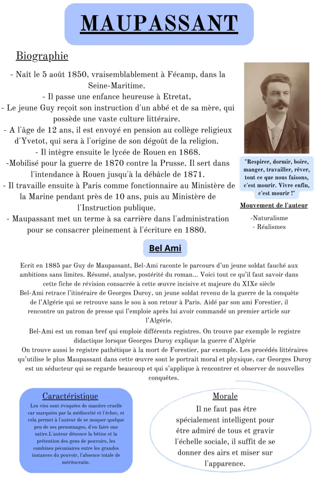 -
MAUPASSANT
Biographie
Naît le 5 août 1850, vraisemblablement à Fécamp, dans la
Seine-Maritime.
Il passe une enfance heureuse à Etretat,
Le