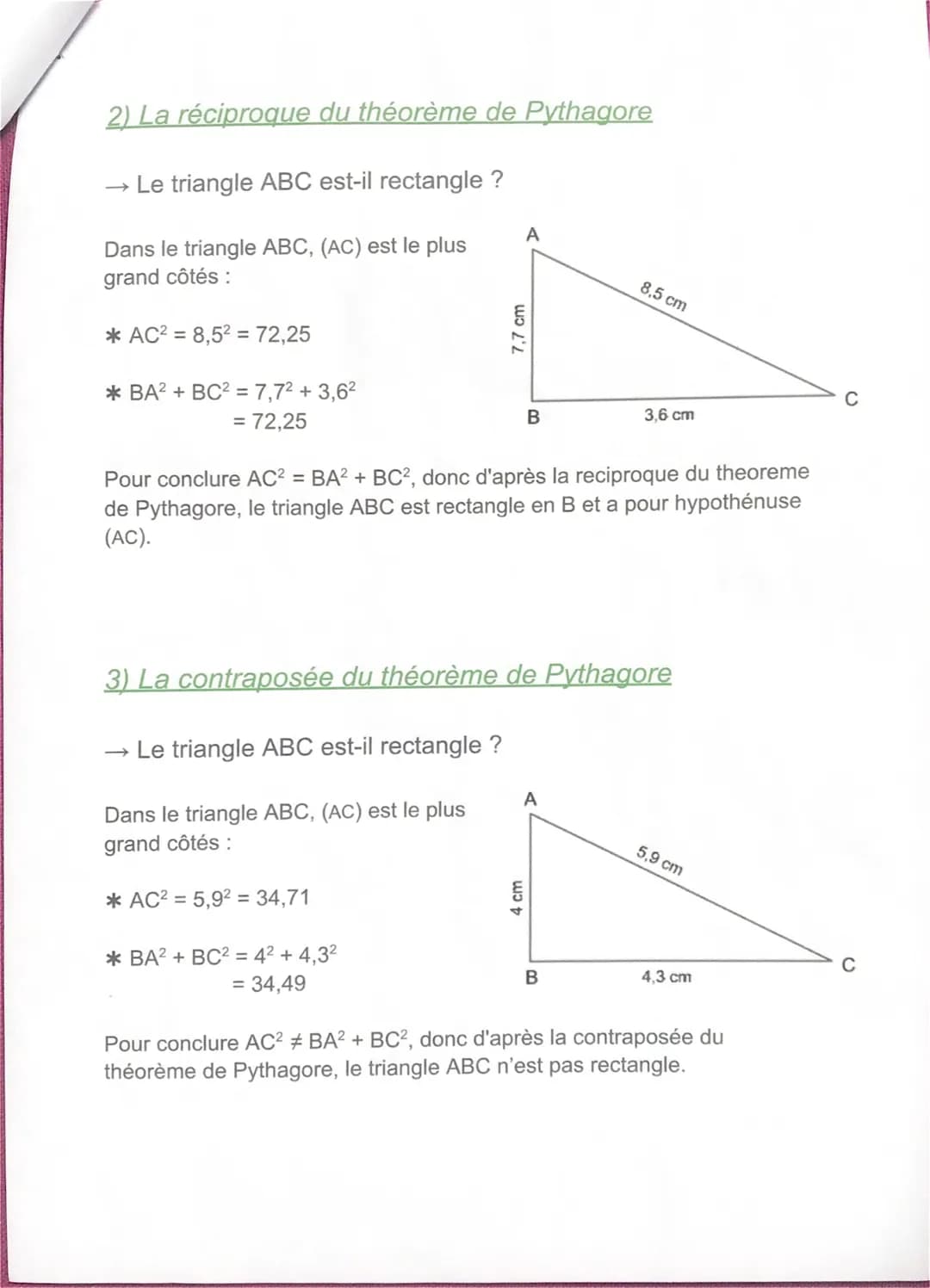 MATHS
Chap 3: Configuration de Pythagore
1) Théorème de Pythagore
a- premier cas :
Calculer (AC)
Comme le triangle ABC est rectangle en B, o
