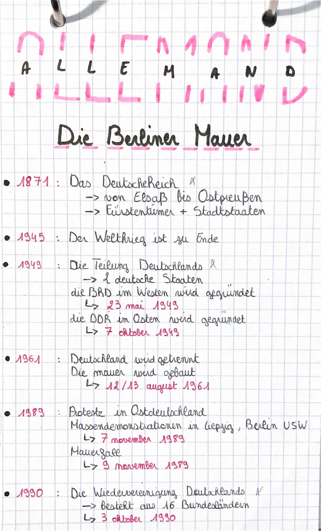 DUENONN
M
HILLLIITTIV D
Die Berliner Mauer
A
●
1871: Das DeutscheReich X
1949
• 1961
ιιε
1945: Der Weltkrieg ist zu Ende
1989
A
-> von Elsaß