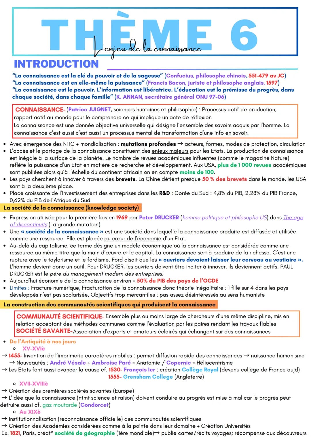 THÈME 6
connaissance
INTRODUCTION
"La connaissance est la clé du pouvoir et de la sagesse" (Confucius, philosophe chinois, 551-479 av JC)
"L