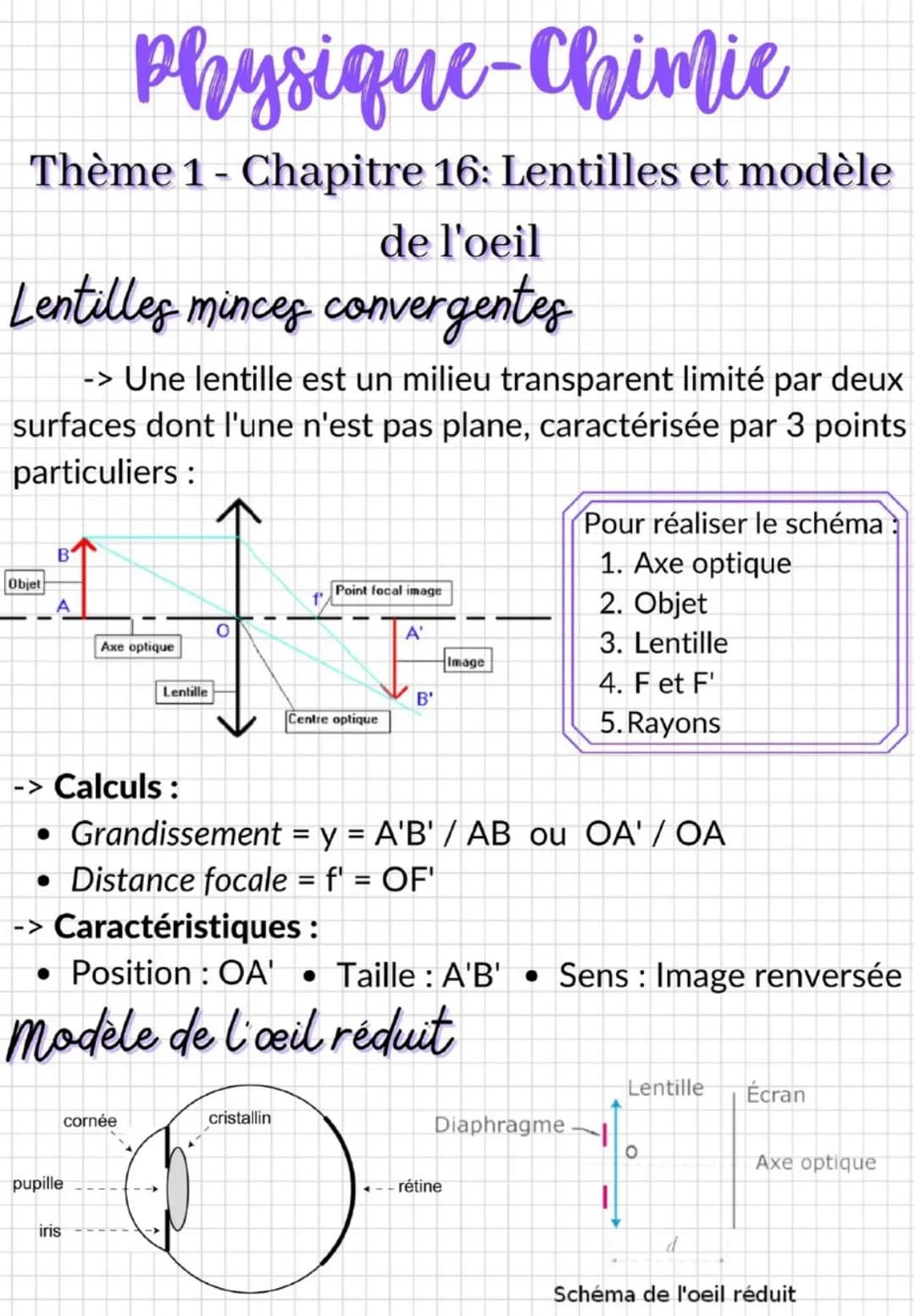 Physique-Chimie
Thème 1 - Chapitre 16: Lentilles et modèle
de l'oeil
Lentilles minces convergentes
-> Une lentille est un milieu transparent