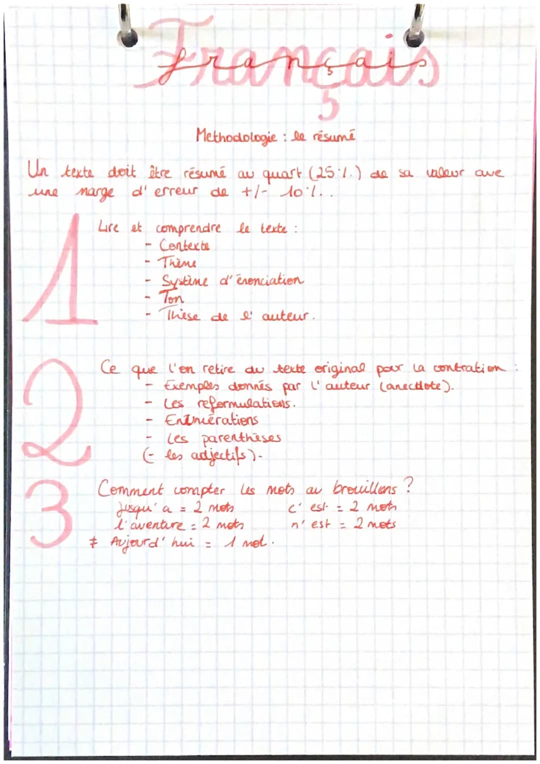 Methodologie: le résumé
Un texte doit être résumé au quart (25.1.) de sa valeur ave
une marge d'erreur de +/- 10%...
Français
Lire et compre