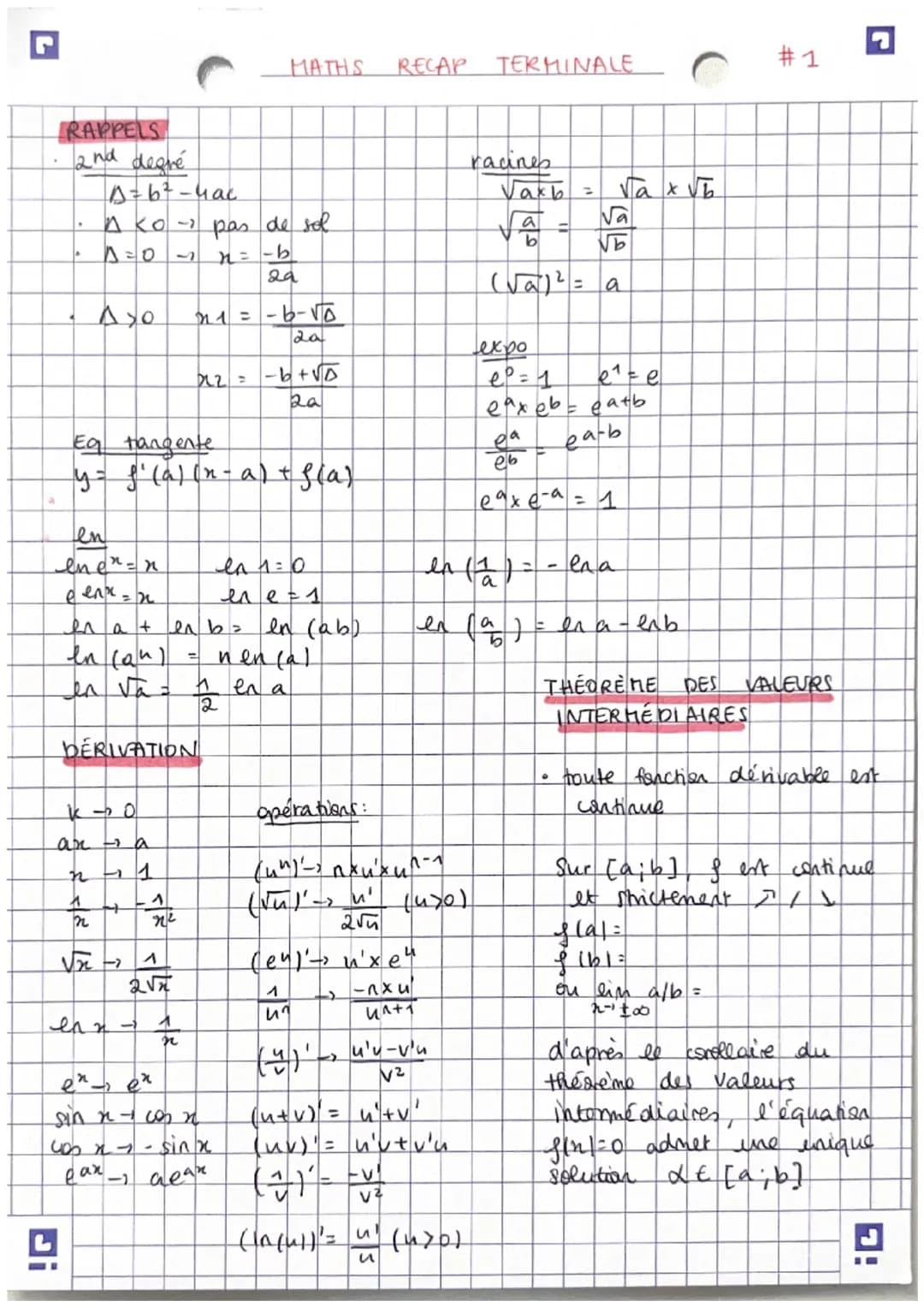 MATHS RECAP TERMINALE
#1
RAPPELS
2nd
degré
A = b²-4ac
A co - pas de sol
D=0
Axe
1
r =
-b
29
71=-6-10
racines
Vaxb
Va
b
=
(√a)² = a
5/57/57
√