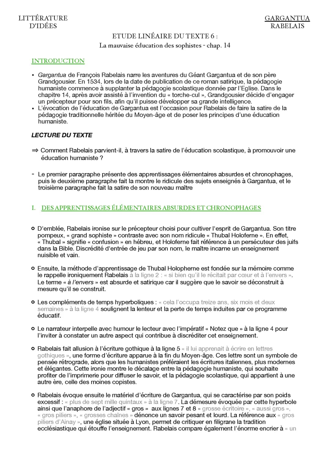 Analyse linéaire Gargantua Rabelais chapitre 14 éducation des sophistes