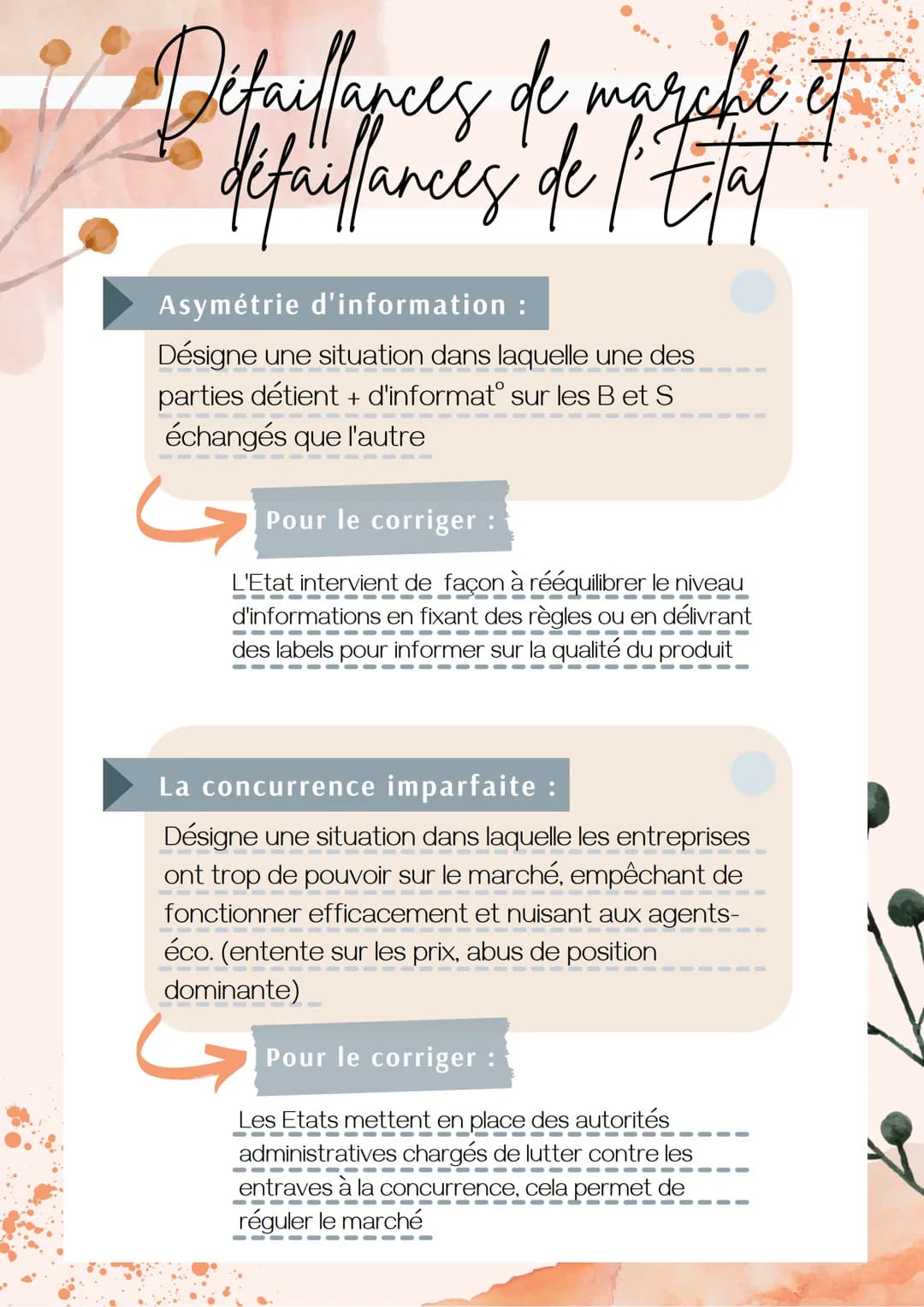 Défaillances de marché et
defaillances de l'Etat
Asymétrie d'information :
Désigne une situation dans laquelle une des
parties détient + d'i