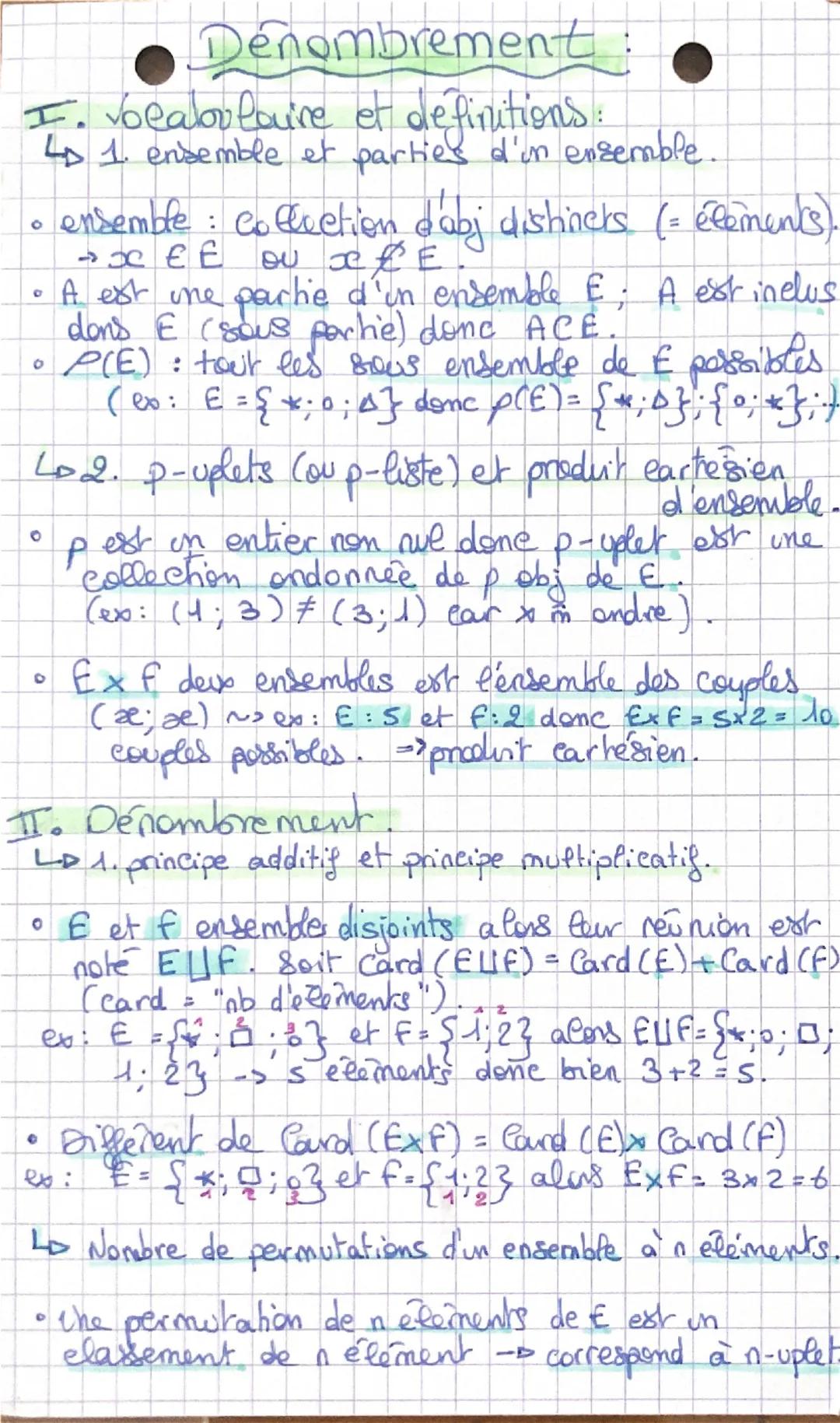 # Dénombrement

I. Vocaloulaire et definitions:

1. ensemble et parties d'on ensemble.

*   ensemble: collection d'abj distincks (= éléments