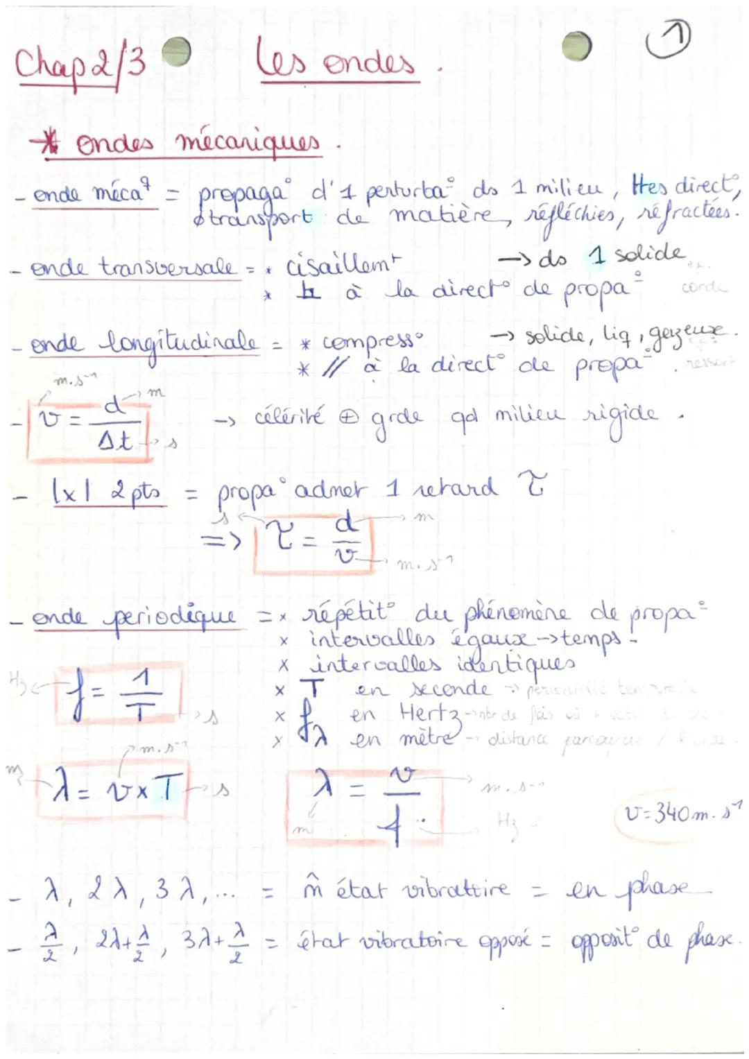 Chap 2/3 ●
*Ondes mécaniques
ende méca
- ende transversale
v =
- ende longitudinale
m. sa
m
= propaga d'1 perturba do 1 milieu, Hes direct,
