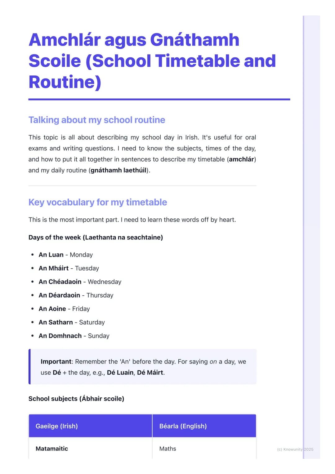 # Amchlár agus Gnáthamh
Scoile (School Timetable and
Routine)

Talking about my school routine

This topic is all about describing my school