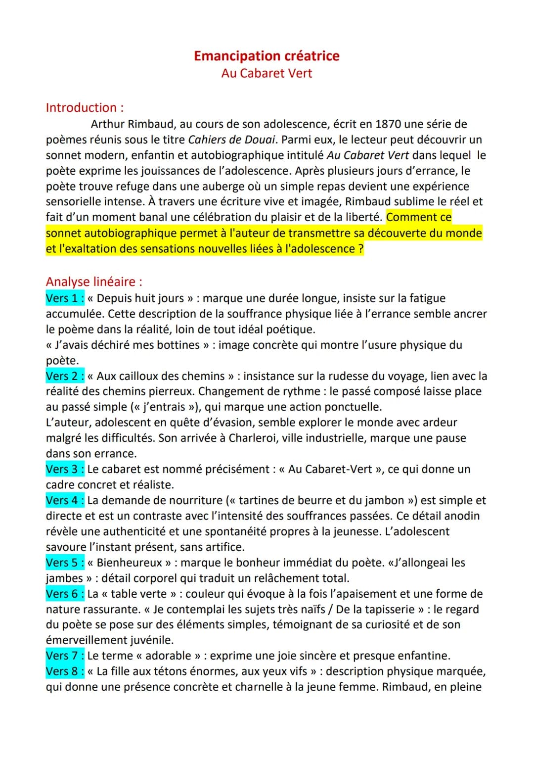 --- OCR Start ---
Emancipation créatrice
Au Cabaret Vert
Introduction:
Arthur Rimbaud, au cours de son adolescence, écrit en 1870 une série 