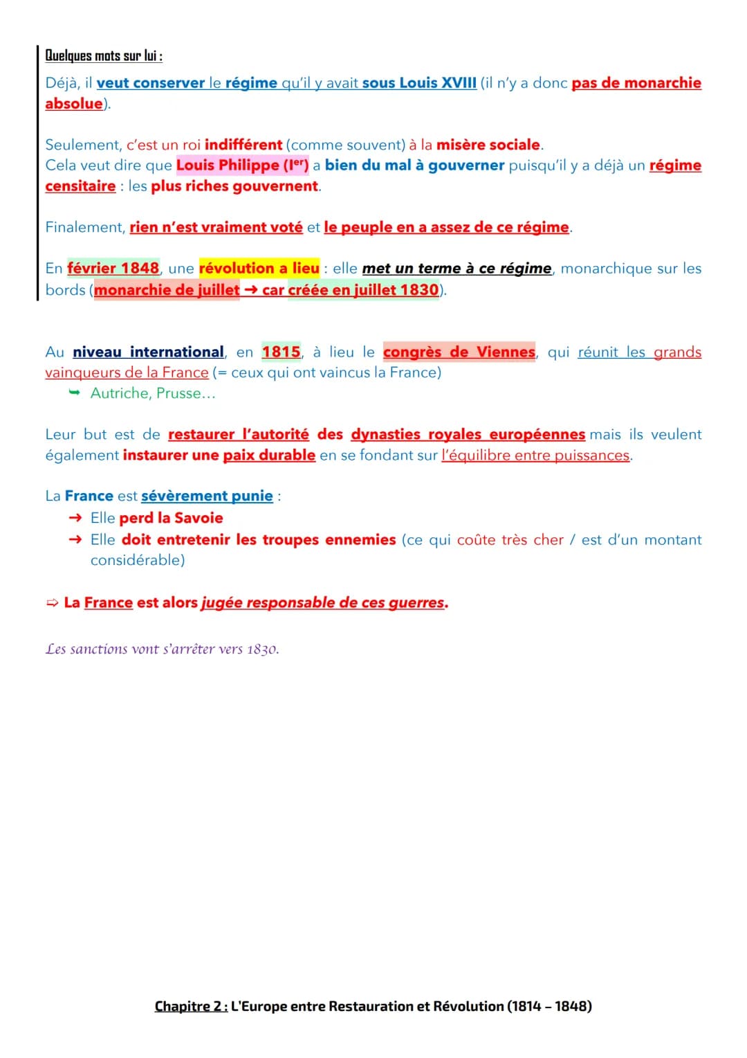 Chapitre 2 : L'Europe entre Restauration et Révolution (1814-1848)
Frise chronologique du chapitre – Ressource Perso:
EUROPE
●
FRANCE
1810
1