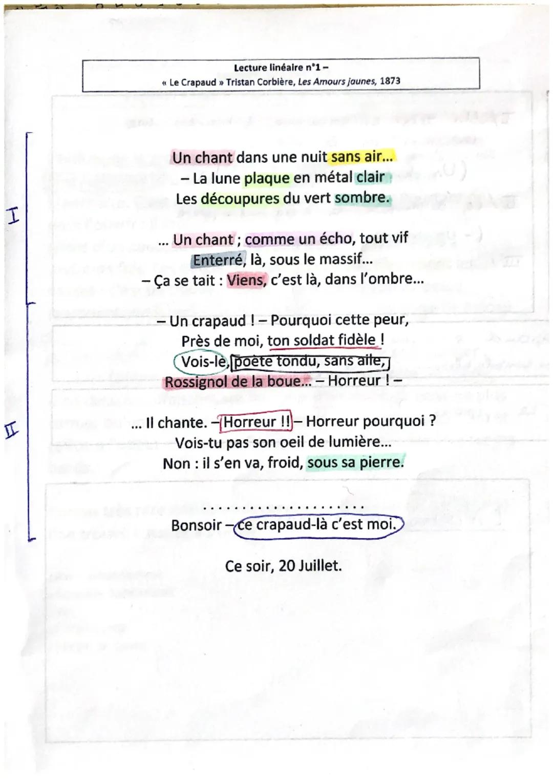 Lecture linéaire n°1-
<<< Le Crapaud >> Tristan Corbière, Les Amours jaunes, 1873

I

ㅍ
Un chant dans une nuit sans air...
- La lune plaque 
