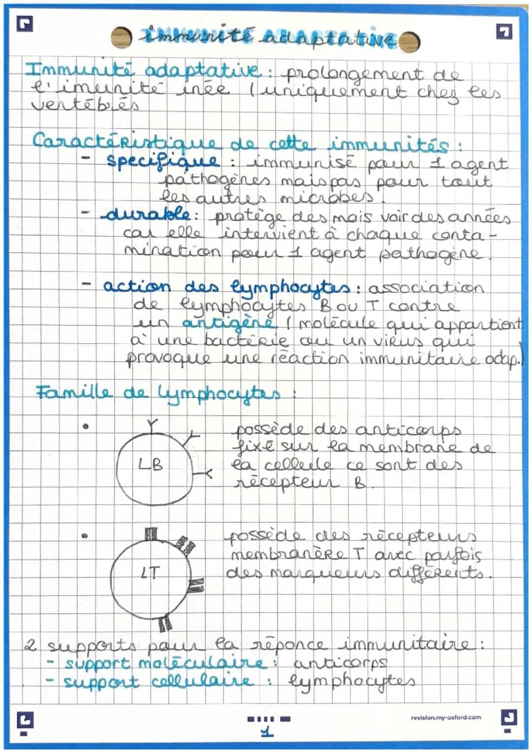 immunité adaptative
Immunite adaptative: prolongement de
e' imunité inée (uniquement chez les
vertébrés
Caractéristique de cette immunités:
