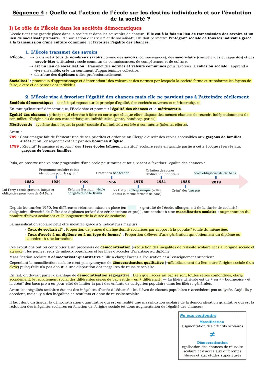 Séquence 4: Quelle est l'action de l'école sur les destins individuels et sur l'évolution
de la société ?
I) Le rôle de l'École dans les soc