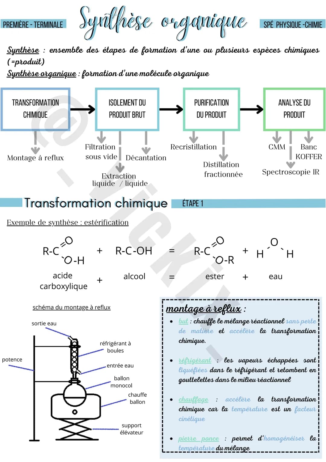 PREMIÈRE-TERMINALE
Synthèse organique
SPÉ PHYSIQUE-CHIMIE
Synthèse ensemble des étapes de formation d'une ou plusieurs espèces chimiques
(=p