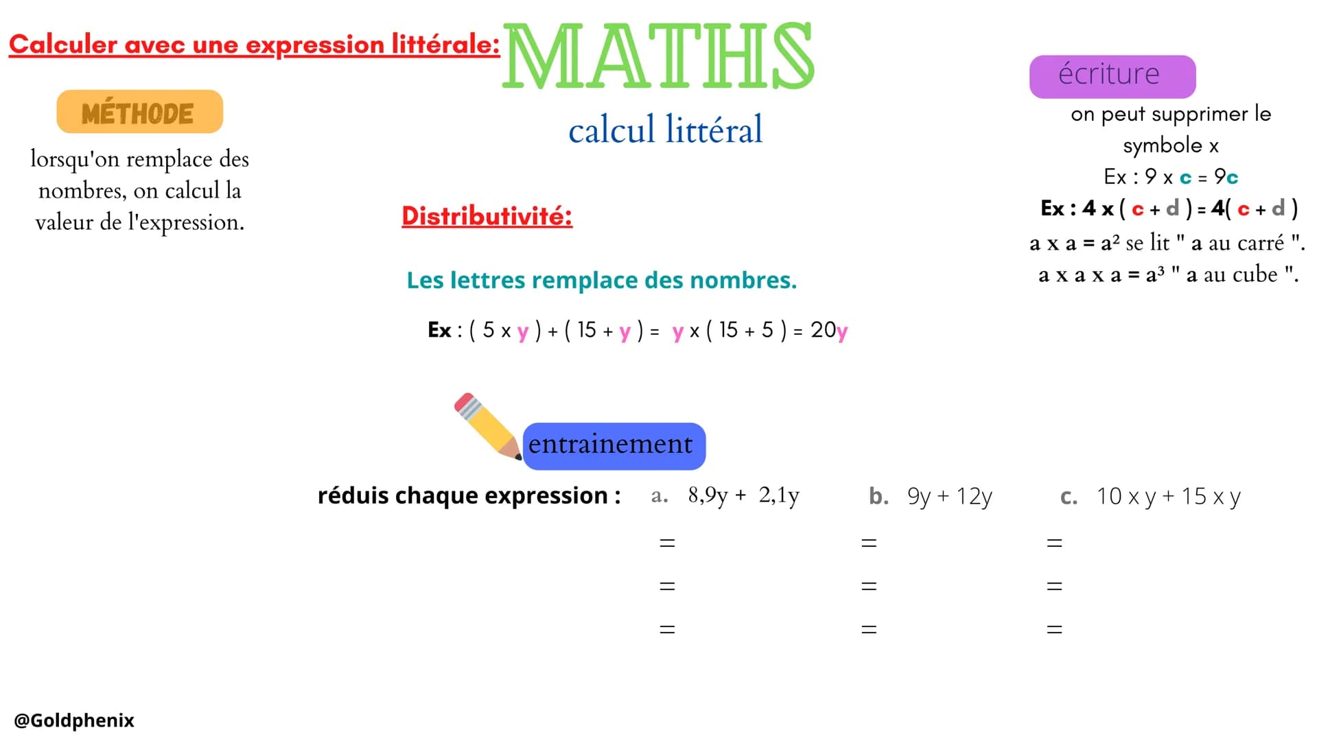Calculer avec une expression littérale:
MÉTHODE
lorsqu'on remplace des
nombres, on calcul la
valeur de l'expression.
@Goldphenix
MATHS
calcu