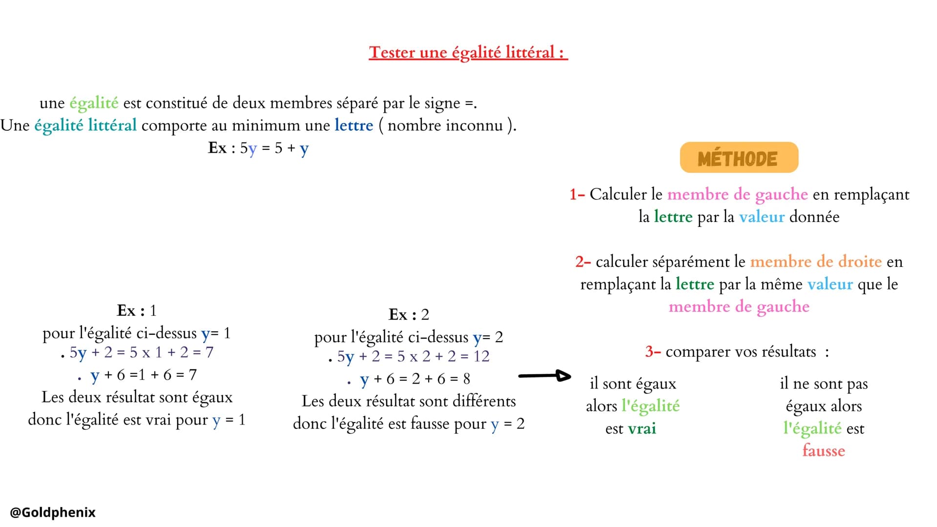 Calculer avec une expression littérale:
MÉTHODE
lorsqu'on remplace des
nombres, on calcul la
valeur de l'expression.
@Goldphenix
MATHS
calcu